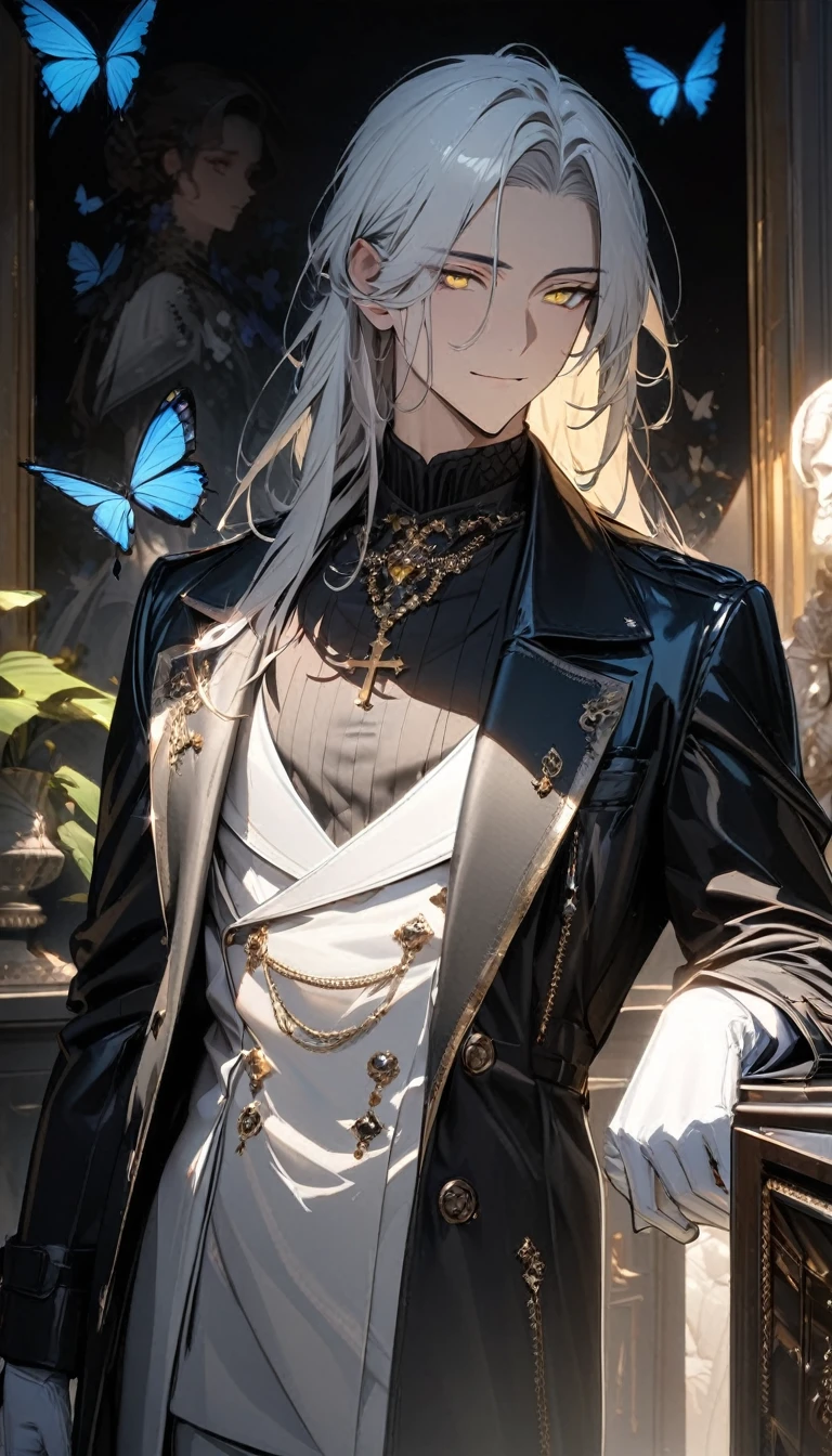 (masterpiece:1.5),best quality,(1 Handsome man),alone,white long length hair,(yellow eyes), (A soft smile),elegant,perfect face,Long black trench coat,white and blue cloth,white leather gloves,white lining,Slightly muscular body,High,8K,Beautiful contrast of light and shadow,Dark luxury background,(complete upper body),Positive face,luxury screen,(Luxurious castle hall),Living room,book,plant,((many erflies)),Museum,many flowers,(cross jewelry)