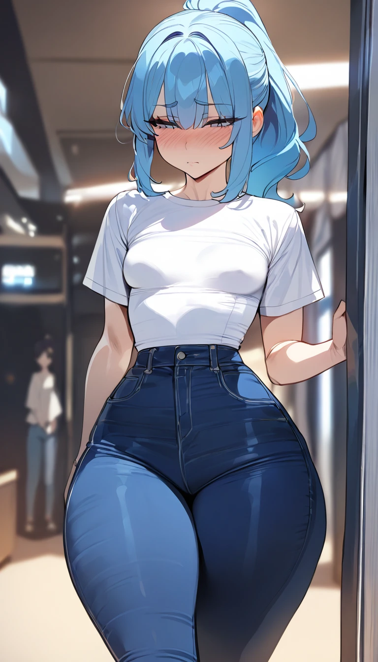 (best quality,masterpiece) thicc, 1 girl, small breasts, wide hips, thick thighs, shy, ponytail, blue hair, narrow waist, blue jeans, white shirt,
