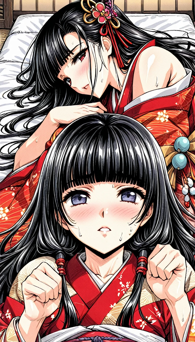 A 15-year-old super beautiful Japanese princess with long black hair　Over her white kimono she wears a gorgeous red robe embroidered with cranes.　She is raped by the doctor and has sex in the missionary position while crying