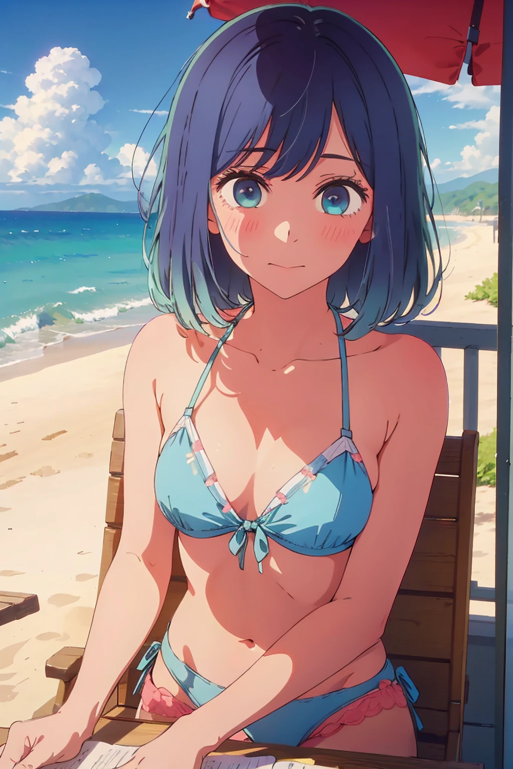 (Highest quality:1.4、masterpiece:1.4、Super detailed:1.4、8K:1.4)、((((1 person、Surprised expression、sit、Outdoor café terrace、coastal、juice、table、Sandy Beach、juiceのグラスを持つ、Plain Bikini、The depth of the written world、Very soft boobs、Big eyes、Very cute face))))、F cup bust、Medium breast