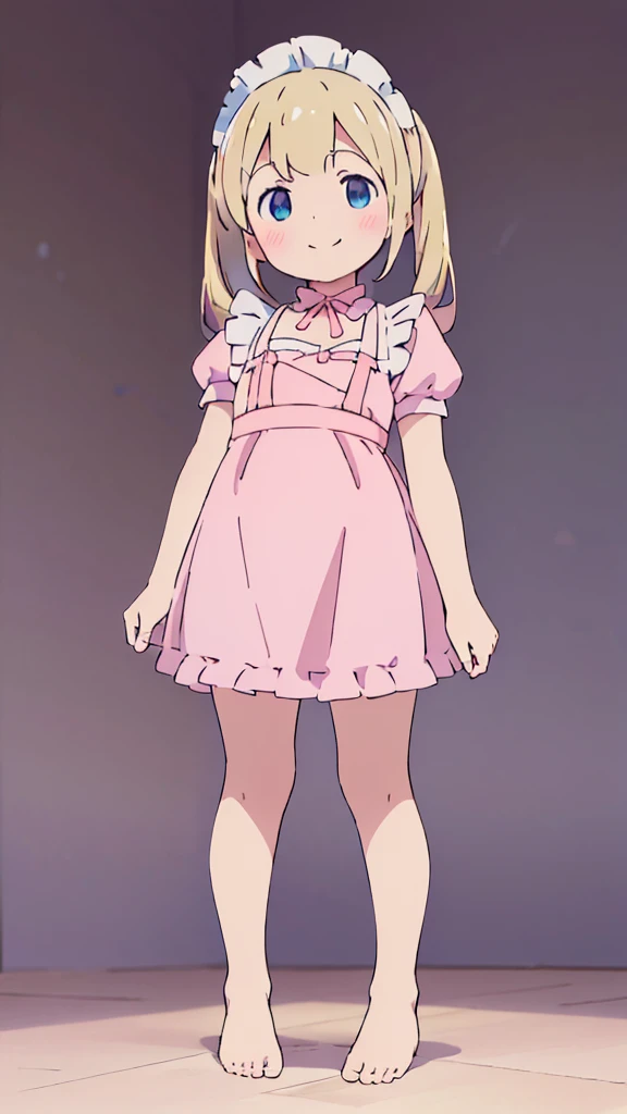 ((masterpiece))((Highest quality))girl、smile、blush、Flat Chest、Are thin、、low length、Blonde、Long twin tails、Embarrassed、Are standing、Pink frilly maid outfit、Whole body image、Even your toes are visible、Eye level on face、front、No background、mayonnaise、真frontのアングル