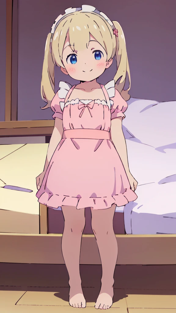 ((masterpiece))((Highest quality))girl、smile、blush、Flat Chest、Are thin、、low length、Blonde、Long twin tails、Embarrassed、Are standing、Pink frilly maid outfit、Whole body image、Even your toes are visible、Eye level on face、front、No background、mayonnaise、真frontのアングル