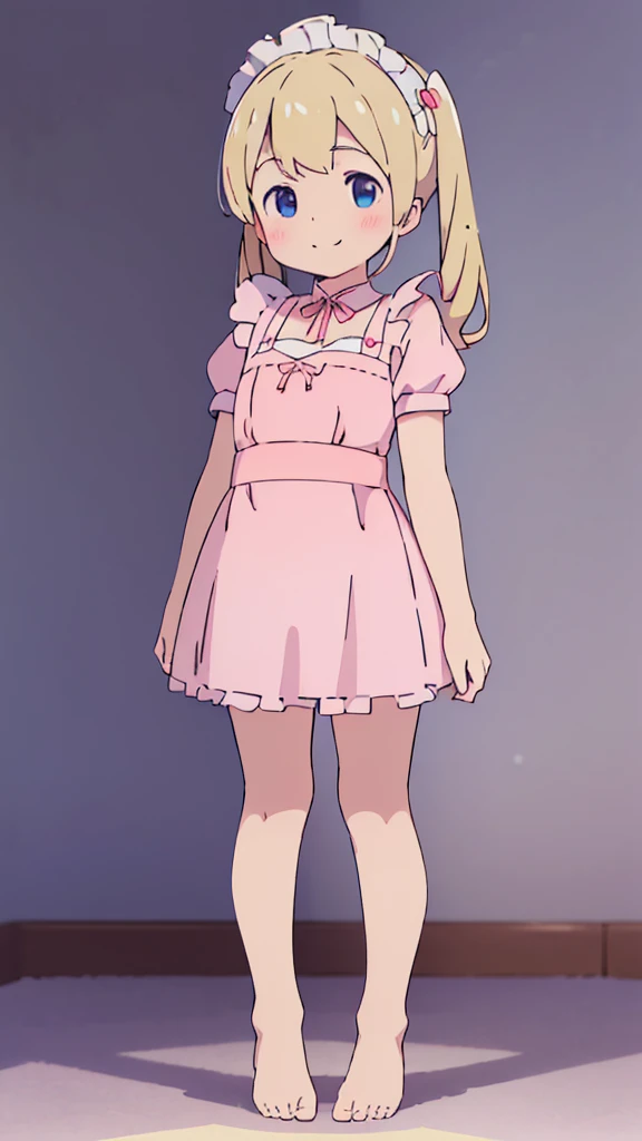 ((masterpiece))((Highest quality))girl、smile、blush、Flat Chest、Are thin、、low length、Blonde、Long twin tails、Embarrassed、Are standing、Pink frilly maid outfit、Whole body image、Even your toes are visible、Eye level on face、front、No background、mayonnaise、真frontのアングル
