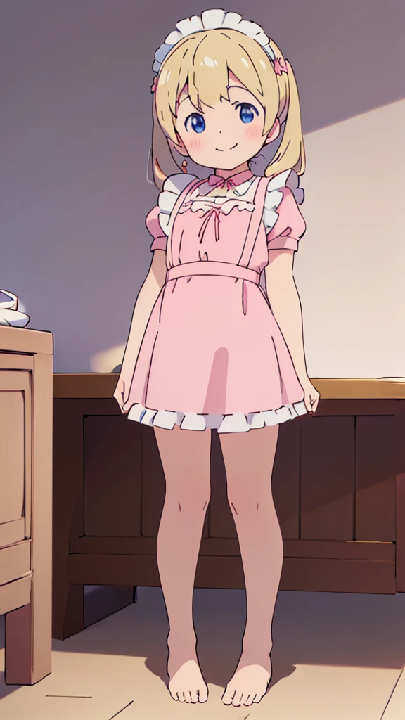 ((masterpiece))((Highest quality))girl、smile、blush、Flat Chest、Are thin、、low length、Blonde、Long twin tails、Embarrassed、Are standing、Pink frilly maid outfit、Whole body image、Even your toes are visible、Eye level on face、front、No background、mayonnaise、真frontのアングル