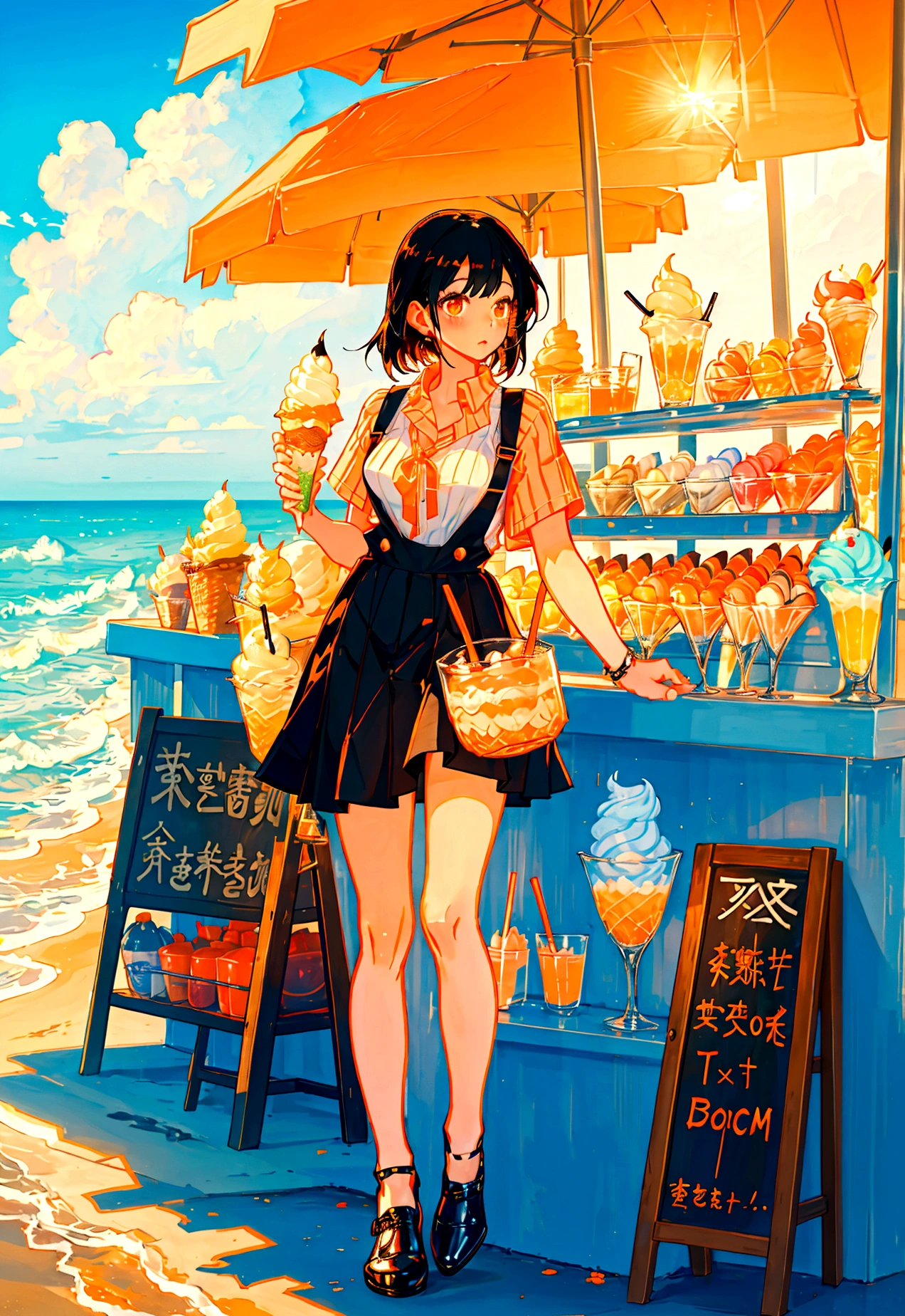 At the beachfront drink shop,Black hair girl,Wearing an orange striped suspender skirt,ice cream