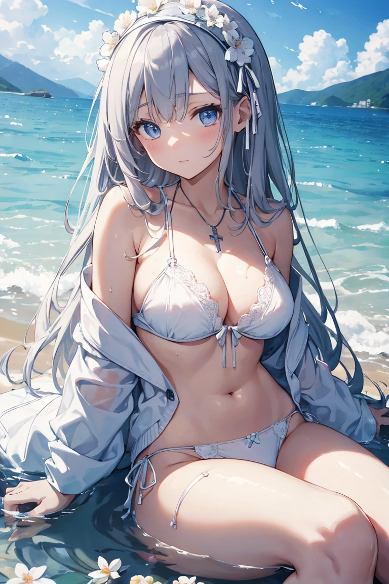 girl kawaii, a extremely delicate and beautiful girl, beautifully painted, cute, sense of digital, best detailed girl, lying on the lake, wet, girl, young, long hair blown up, Hair with flower, grey hair, cute face, ^ ^, complex details beautiful and delicate eyes, closed mouth, large breasts, thighs, pale blue eyes, white skin, hairband, cross necklace, Bracelet, white bikini, cardigan, white Clothes, beach, beautiful blue sky and white clouds, bloom effect, wallpaper 8k CG, absurdres, masterpiece,