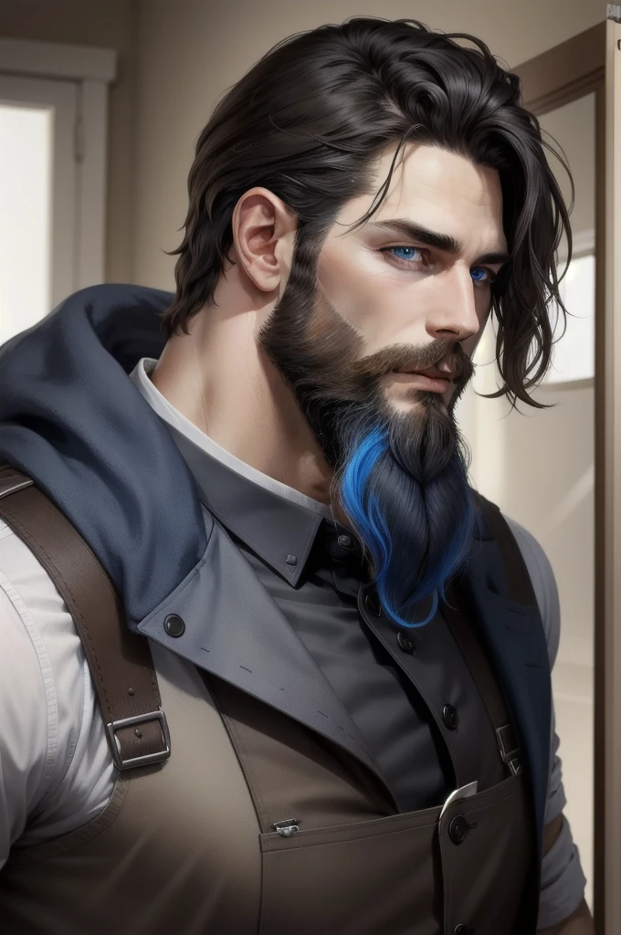 A man with blue eyes and a beard and dark hair