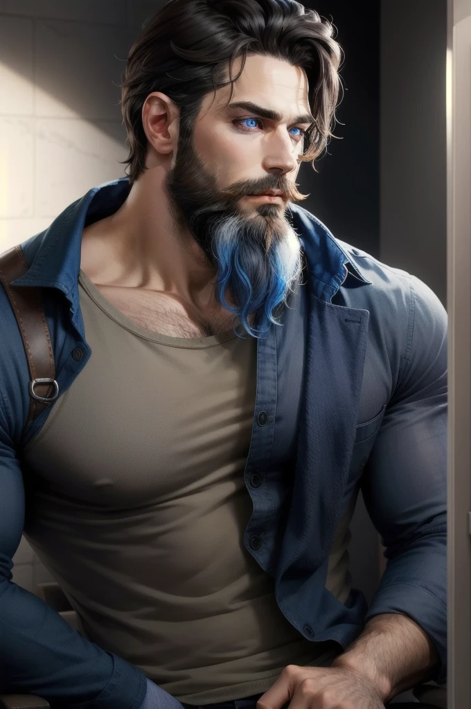 A man with blue eyes and a beard and dark hair