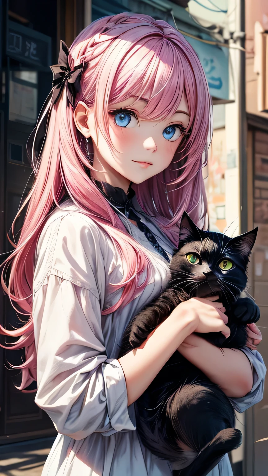 Girl with cat, Black cat, Pink Hair、blue eyes, Avatar