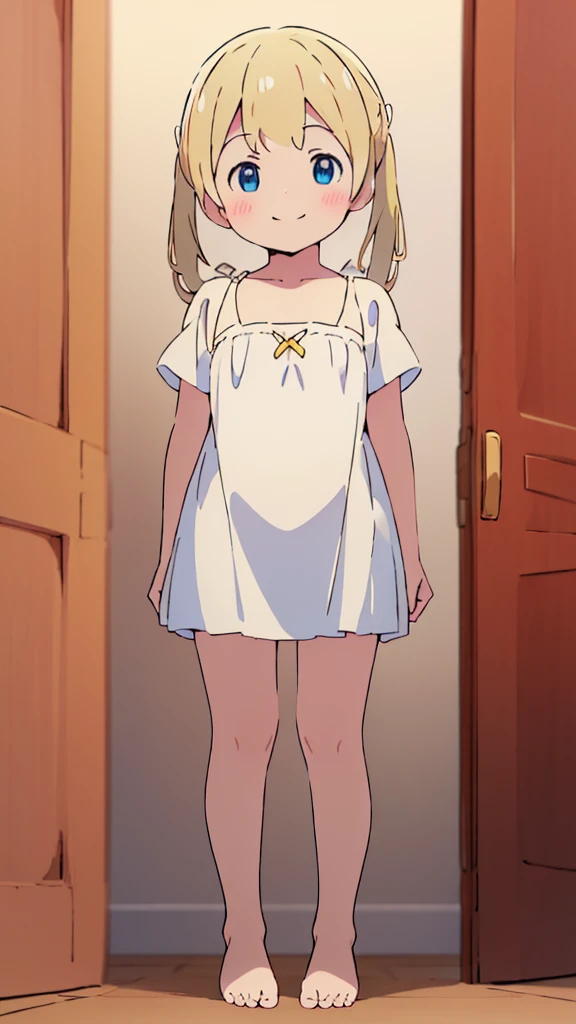 ((masterpiece))((Highest quality))girl、smile、blush、Flat Chest、Are thin、、low length、Blonde、Long twin tails、Embarrassed、Are standing、Angel clothes、Whole body image、Even your toes are visible、Eye level on face、front、No background、mayonnaise、真frontのアングル