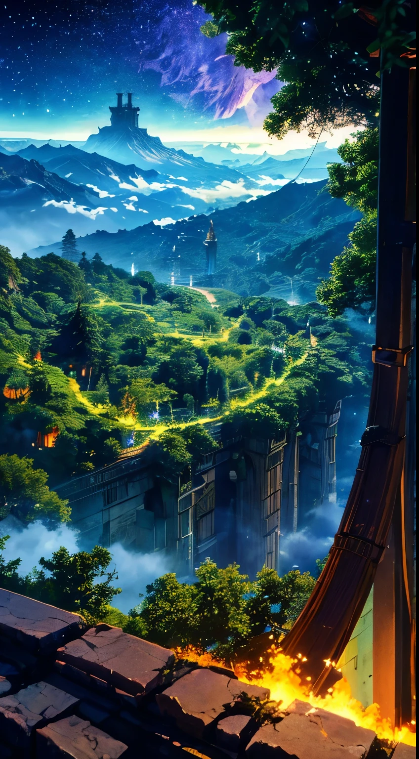 Imagine a sprawling city built on top of giant, ancient trees that pierce the clouds. Anime characters with flowing clothes and steampunk-inspired gadgets could be soaring between the trees on fantastical flying creatures.(glowing fireflies and butterfiles )(greenery view)(bright blue shinning sky)(night view)(borkeh effect)(view from top angle)