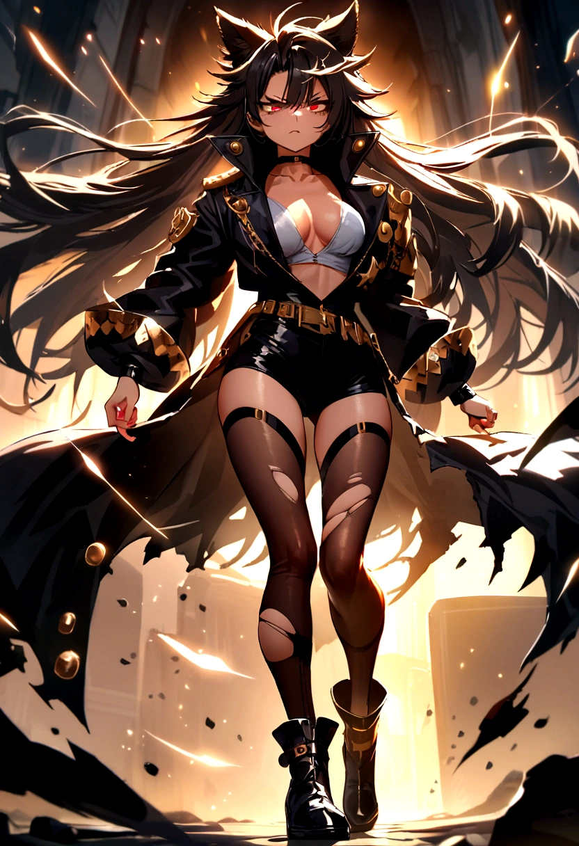 beautiful delinquent girl, ripped clothes style, long hair, face perfect, glare eyes, fully body, stellar outfit, animal ears