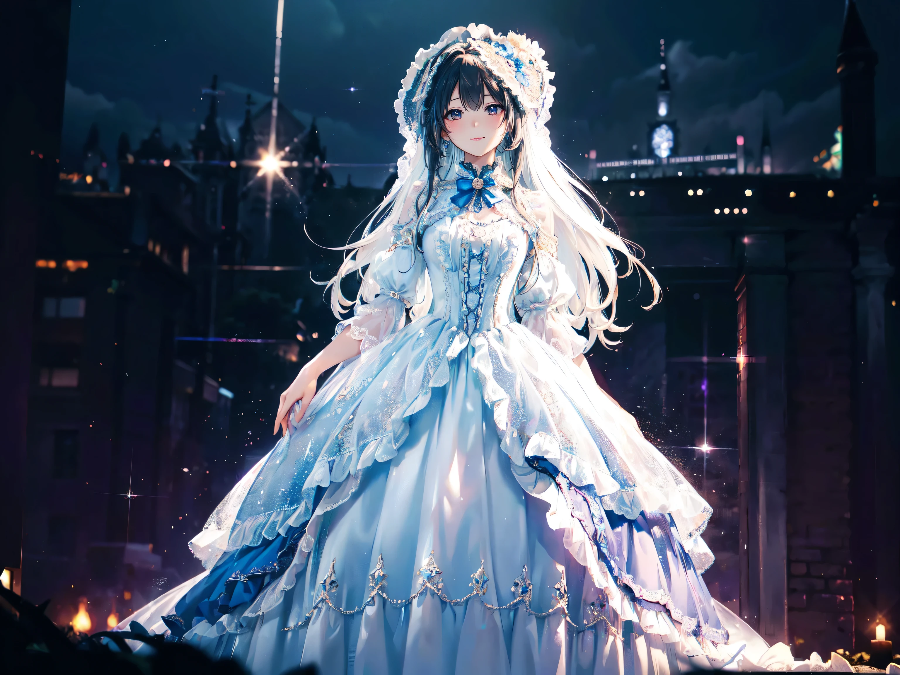 (((dress transparent dress))), (((Unsurpassed gorgeous rococo victorian gown with voluminous hoopskirt and long hems, princess style skirt))), (gown brilliances dazzlingly glitter reflective prismatic transparency gown:1.2), (gown ultra elaborate gown:1.5), ((huge breasts)), (Expressive hair), very voluminous and very long hair, bangs, super delicate and beautiful face, beautiful lips, (hyper detail delicate beautiful eyes), breasts cleavage, beautiful smile, (((young face, solo Captivating Adorable princess, teen girl, cute girl, very cute girl))), (anime moe art style1.3), (((Masterpiece, Super detail, top quality, ultra high res, Spectacular Quality, Distinguished Quality, ultra detailed, ultra high res, unity 16k, 32k, ultra photo realistic))), (face focus, eye focus, realistic, cinematic shadows, blurry background, depth of field:1.5), (night church background:1.3), 