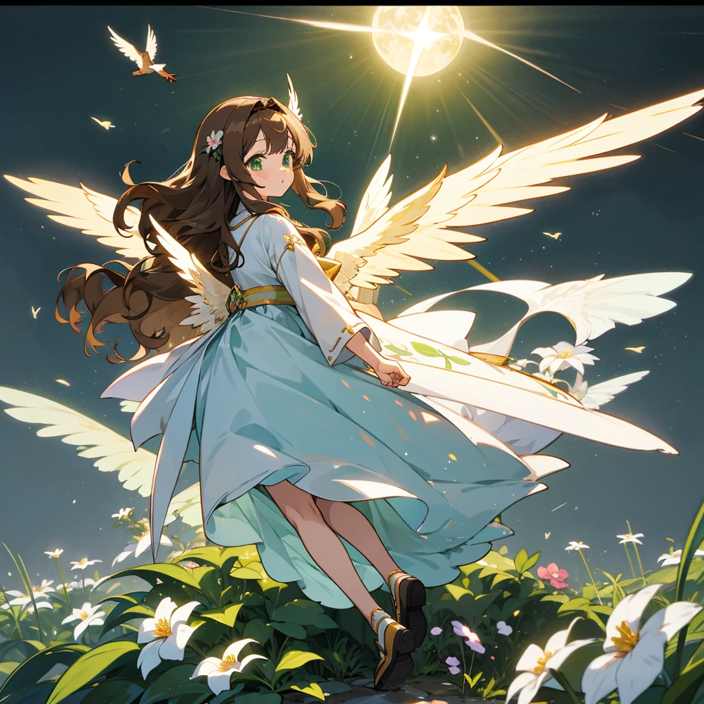 brown hair, wavy hair, straight hair, kawaii, anime, Cute, hyper quality, highly detailed, full body, 16k, green eyes, private clothes, wings on the back of body, one girl, nature background, moonlight, Meteor shower, light effects, Wings of light, one brown bird, highlight, hair accessory, flower garden, garden