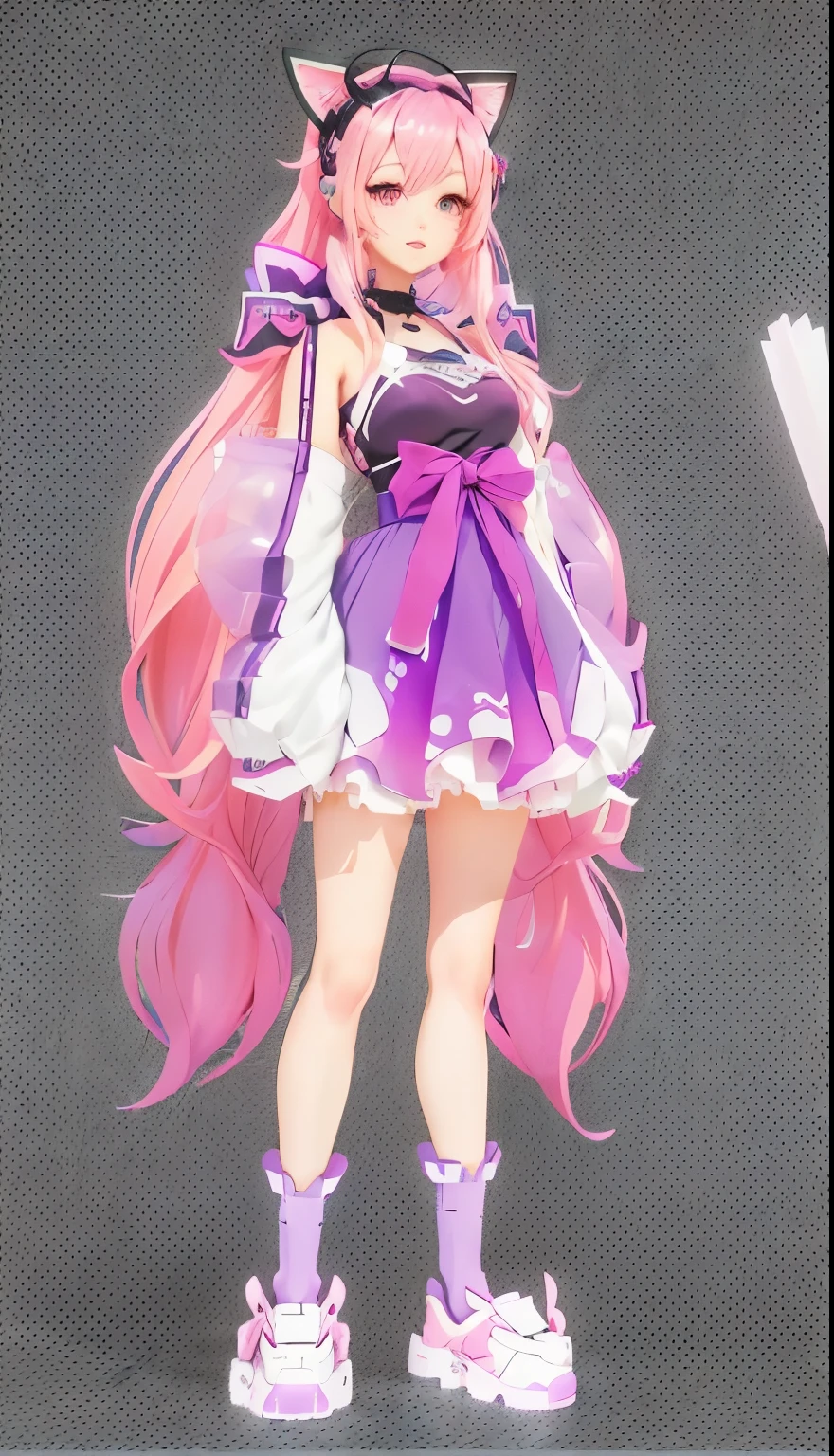 Anime girl with pink hair and cat ears in a purple dress, Pink ponytail hair and cyan eyes, humanoid pink female squid girl, Purple skin, Anime vtuber full body model, Anime style 3d, Rendering a cute 3D anime girl, Cute anime girl in a beautiful skirt, Anime style, Stylized anime