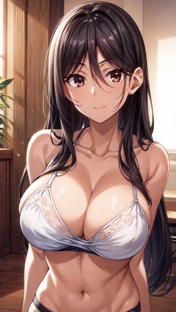 (upper body:1.4),(masterpiece:1.3),Portraiture, Realistic, (Brown eyes:1.3), (Black Hair:1.3),(Long Straight Hair:1.3),(18-year-old),(Big Breasts:1.3),(White underwear:1.4),8K resolution, High quality CG, Beautiful CG,(slim:1.3),Soft Light,(arms behind back:1.4),( smile:1.3),(focus face:1.4),Ultra-high resolution,Highly detailed CG Unity 8k wallpaper,(Aesthetic Anime Eyes),(Black underwear:1.4),