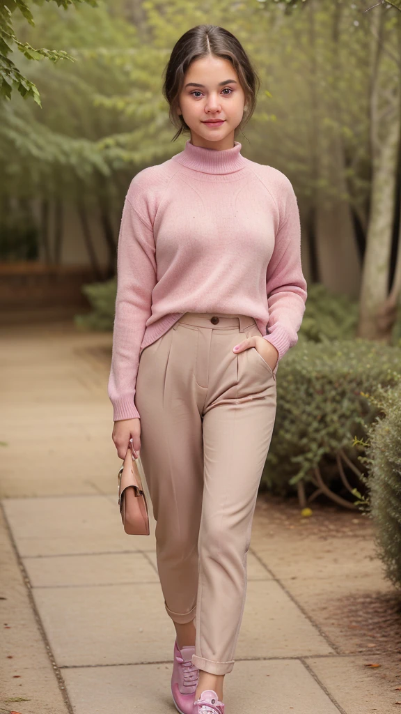 ((best quality)), ((masterpiece)), ((realistic)), -yeld gi teen girlort girl, cute face, mesmerizing blue eyes, short straight dark hair, extremely detailed, natural skin tone, skin with pores, slim abs, wearing turqoise long sleeves sweater, portrait, full body shot, slim body, wearing pink shoes, front view, cameltoe, walking in park, shallow depth of field,wearing High Waist Plicated Suit Pants