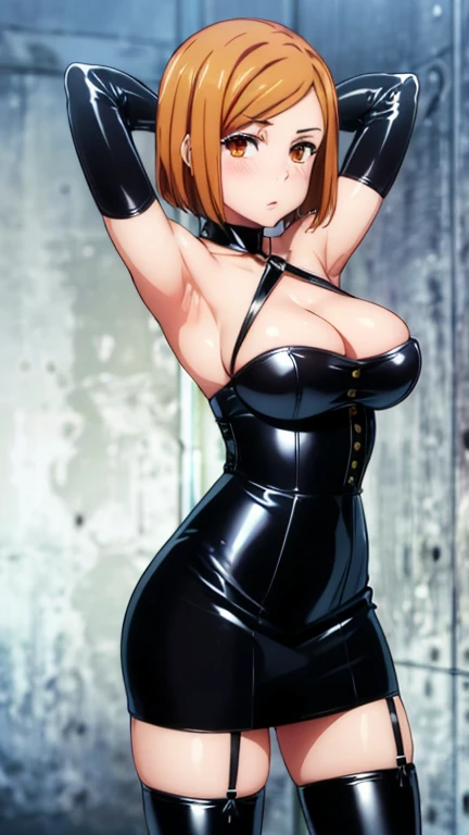 masterpiece, highest quality, High resolution, highly detailed face, Detailed CG, orange hair, orange eyes, short hair,large breasts, (Long gloves covered in black latex all the way to the fingertips), (Black latex corset dress), (Halter neck corset dress), (Black latex tight mini skirt), (Black thigh-high boots),blush, stylish pose, stylish angle, looking at the viewer, in the center of the image, cowboy shot, arms up, armpits visible, detailed armpits