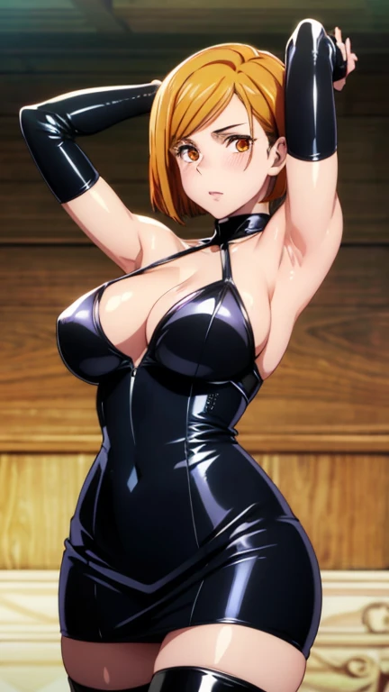 masterpiece, highest quality, High resolution, highly detailed face, Detailed CG, orange hair, orange eyes, short hair,large breasts, (Long gloves covered in black latex all the way to the fingertips), (Black latex corset dress), (Halter neck corset dress), (Black latex tight mini skirt), (Black thigh-high boots),blush, stylish pose, stylish angle, looking at the viewer, in the center of the image, cowboy shot, arms up, armpits visible, detailed armpits