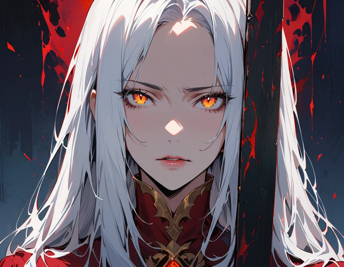 Long white hair, yellow eyes, evil, sexy, black and red clothes, evil face, evil, serious look, gloss lips, sinister, front look, bloody, gloves, close up, portrait, beautiful eyes, short dress, big white, dark place, night, sensual, straight hair cut, clear skin, evil, young 30 years girl, adult girl, solo, red, very long hair, ankle length hair, handsome older WOMAN,crimson-eyes,crimson pupils,Long white hair,Hyperresolution,accuracy,Detailed rendering,(Image of fine hair)(topquality)(Masterpieces of masters)(High degree of completeness)(A sense of atmosphere)tmasterpiece,Super detailed and super detailed(((half-body portrait)))
