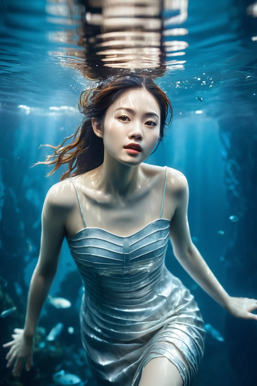 image of a beautiful asian young woman in silver dress submerged under the sea, pale skin tones, clear ripples and reflections, cool color palette with blues and whites, high-contrast lighting, young adult, realism photograph, inspired by zena holloway, best quality