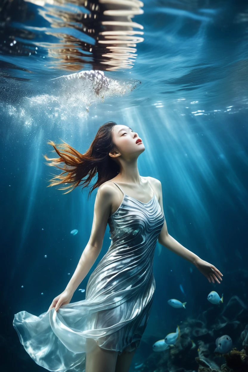 image of a beautiful asian young woman in silver dress submerged under the sea, pale skin tones, clear ripples and reflections, cool color palette with blues and whites, high-contrast lighting, young adult, realism photograph, inspired by zena holloway, best quality