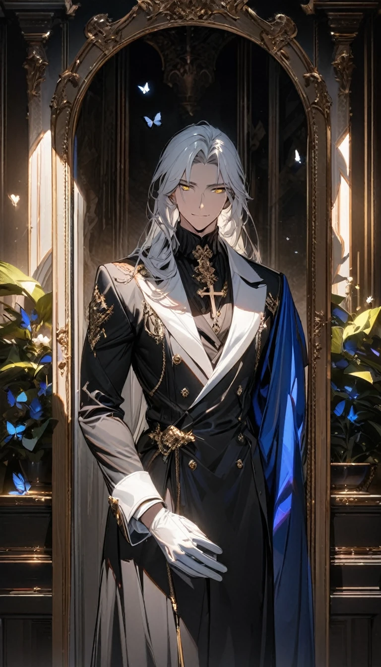 (masterpiece:1.5)，best quality，(1 Handsome man)，alone，white long length hair，(yellow eyes), (A soft smile)，elegant，perfect face，Long black trench coat，white and blue cloth，white leather gloves，white lining，Slightly muscular body，High，8K，Beautiful contrast of light and shadow，Dark luxury background，(complete upper body)，Positive face，luxury screen，(Luxurious castle hall)，Living room，book，plant，((many butterflies))，Museum，many flowers，(cross jewelry)