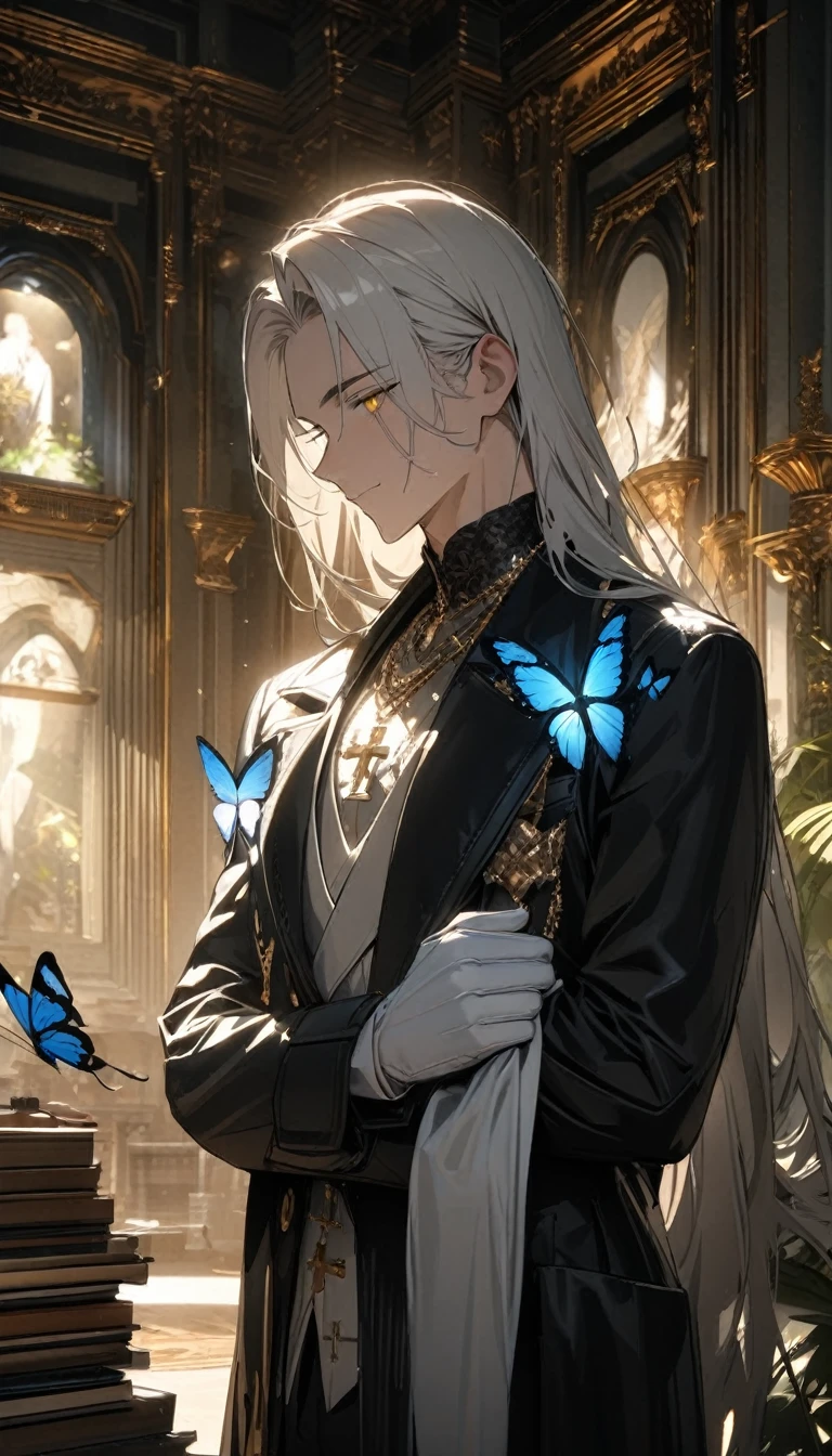 (masterpiece:1.5),best quality,(1 Handsome man),alone,white long length hair,(yellow eyes), (A soft smile),elegant,perfect face,Long black trench coat,white and blue cloth,white leather gloves,white lining,Slightly muscular body,High,8K,Beautiful contrast of light and shadow,Dark luxury background,(complete upper body),Positive face,luxury screen,(Luxurious castle hall),Living room,book,plant,((many butterflies)),Museum,many flowers,(cross jewelry)