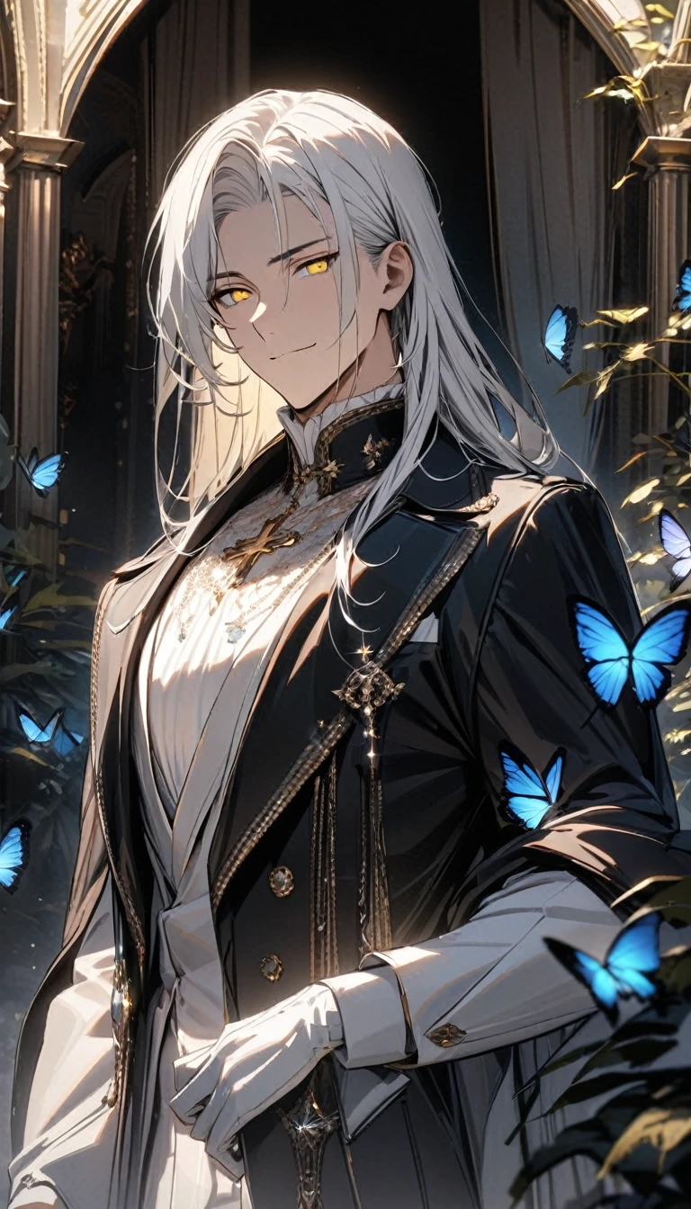 (masterpiece:1.5),best quality,(1 Handsome man),alone,white long length hair,(yellow eyes), (A soft smile),elegant,perfect face,Long black trench coat,white and blue cloth,white leather gloves,white lining,Slightly muscular body,High,8K,Beautiful contrast of light and shadow,Dark luxury background,(complete upper body),Positive face,luxury screen,(Luxurious castle hall),Living room,book,plant,((many butterflies)),Museum,many flowers,(cross jewelry)