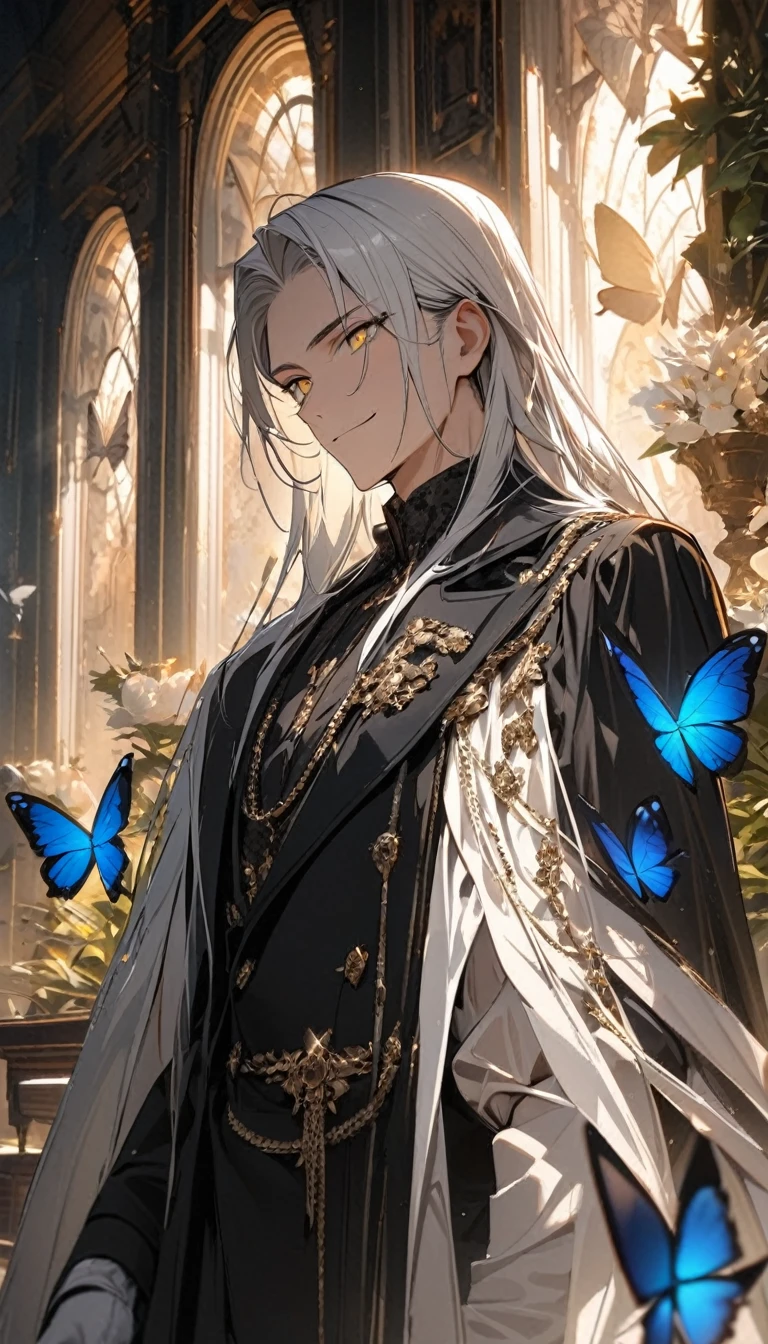(masterpiece:1.5),best quality,(1 Handsome man),alone,white long length hair,(yellow eyes), (A soft smile),elegant,perfect face,Long black trench coat,white and blue cloth,white leather gloves,white lining,Slightly muscular body,High,8K,Beautiful contrast of light and shadow,Dark luxury background,(complete upper body),Positive face,luxury screen,(Luxurious castle hall),Living room,book,plant,((many butterflies)),Museum,many flowers,(cross jewelry)