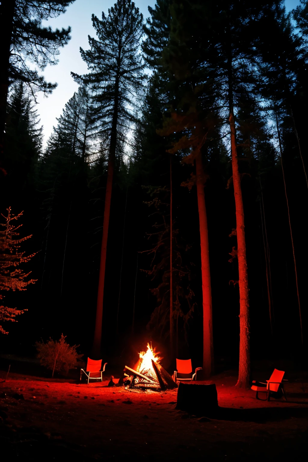 A large, ugly, shaggy creature with bright red eyes and a horn on its head, in the forest at night near the campfire