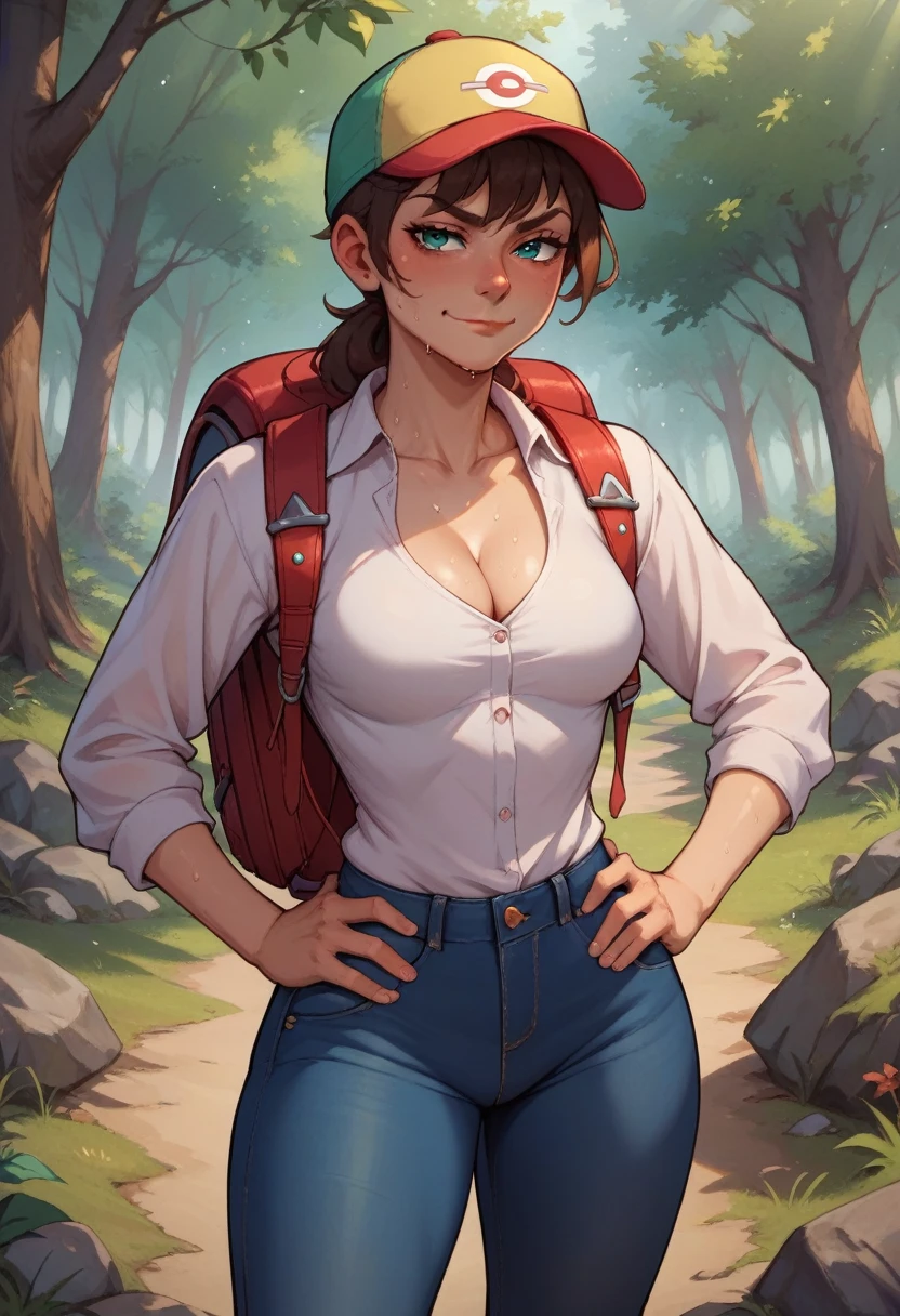 score_9, score_8_up, score_7_up, score_6_up, BREAK Deliah from pokemon, wearing hiking outfit, backpack, cleavage, medium breasts, seductive smirk, hands holding own hips, sweating, wide hips, big ass, in a forest, jeans, long sleeved shirt