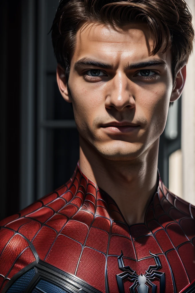 A photograph of spider man, no mask, 20 yo, handsome, detailed face, looking at camera, portrait, 8k uhd, high quality