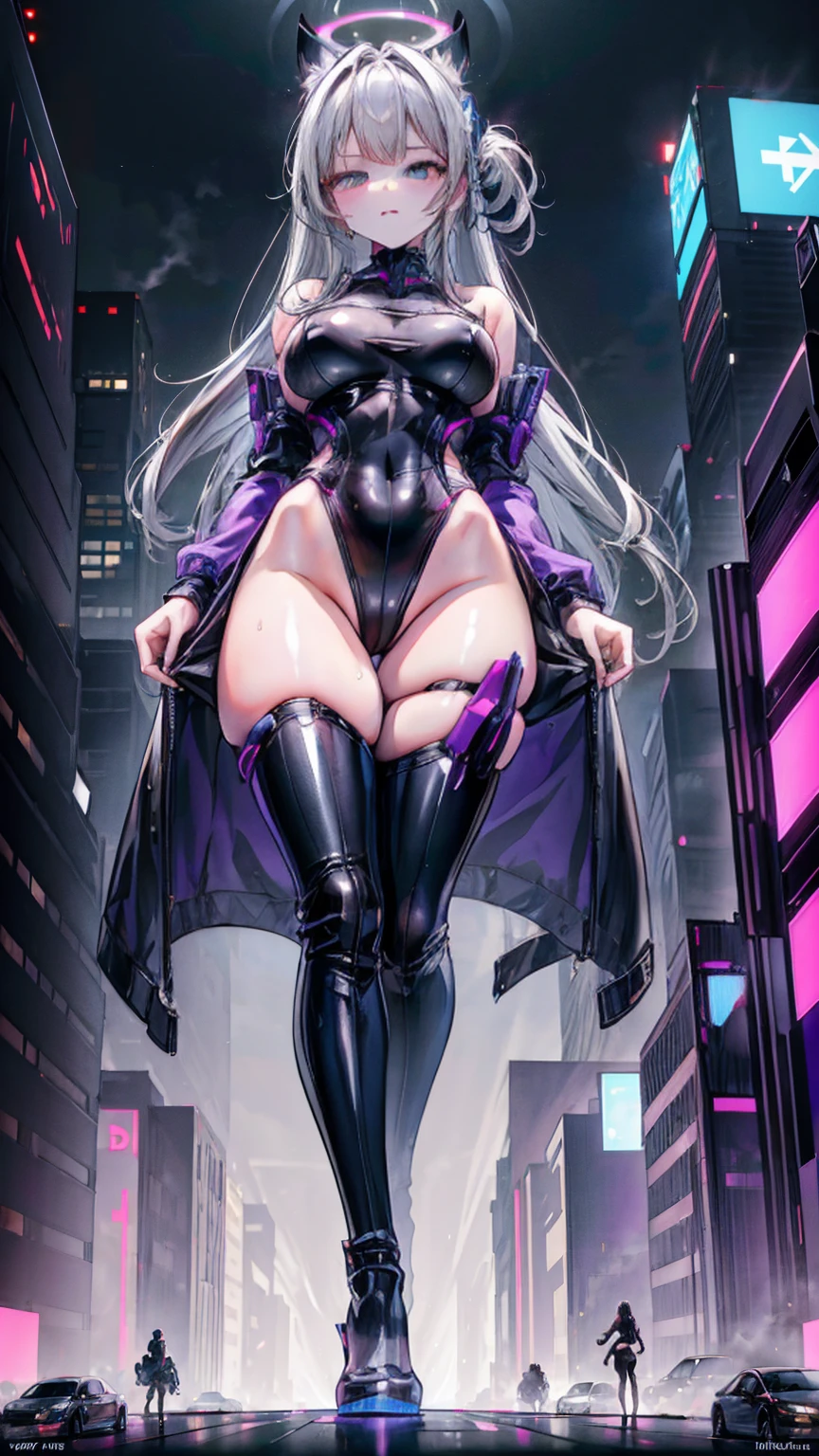 A seductive giantess, in a tight-fitting black catsuit, with flowing silver hair and mesmerizing violet eyes, strides through a neon-lit cyberpunk city. Her towering form crushes futuristic vehicles and holographic billboards underfoot. She gazes at the tiny people below with a look of disdain, her voice filled with mocking laughter. Her voluptuous figure exudes an aura of dominance and raw sensuality, her every step causing a ripple of destruction. Giantess, Goddess, sexy legs, heels, hot, curvy body, mommy issues, small town, small people, tiny people, macrophilia, perspective from below, high quality, almost naked, mature woman, cyberpunk.

