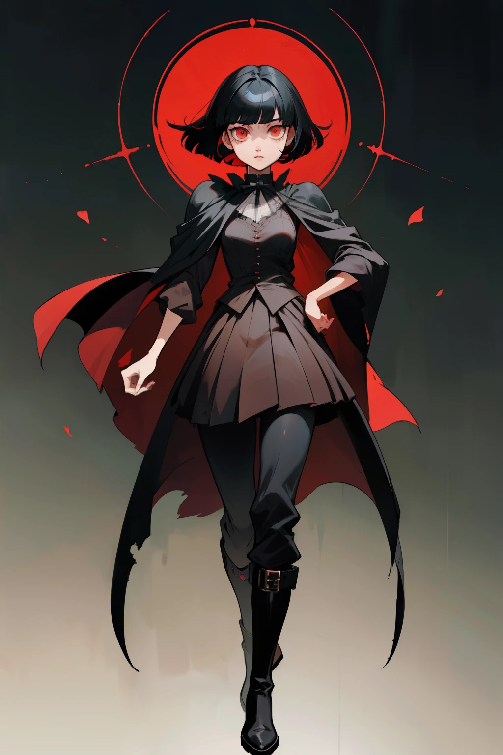 anime character, short black hair, bangs, red eyes, vest, black cloak, boots, full body shot, pose, elegant, bangs, ouji fashion, "Black Butler" inspired outfit., anime, Gothic art, masterpiece, anatomically correct, accurate, high details, highres, 4K