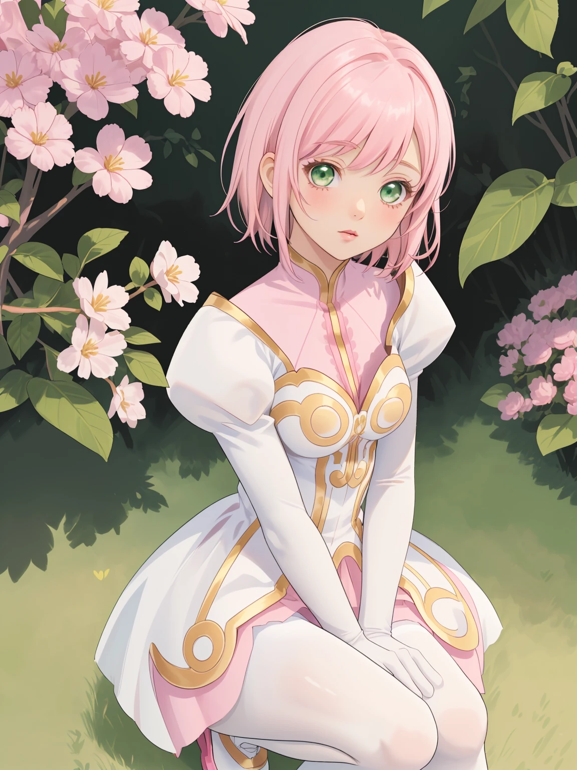 masterpiece, Highest quality, alone, One Girl,Estellise Sidos Heurassein, Pink Hair, short hair, Green Eyes, Small breasts, White and pink dress, Glamorous Dress, Pink collar, Pink Skirt, White boots, White gloves, (Black Pantyhose, Black legwear:1.1)whole body, Little:5, cute, (Beautifully detailed face), (Beautiful attention to detail), (Beautiful detailed hair)