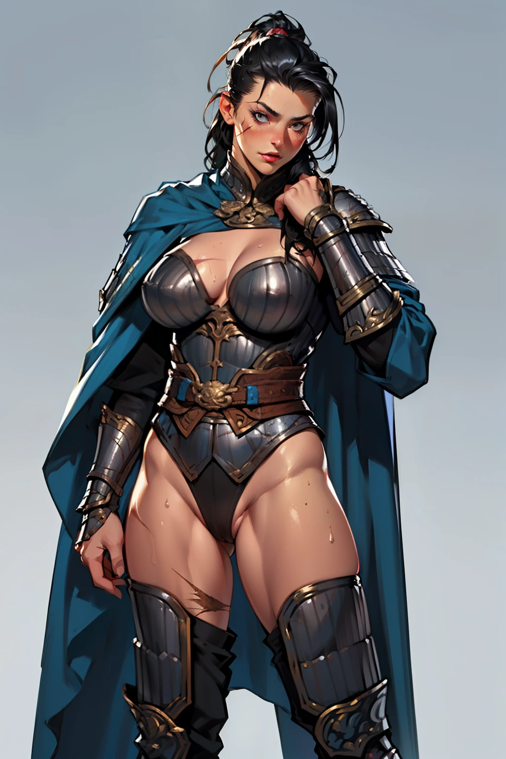 (high resolution, pixel perfect, gorgeous illustrations), (hyper quality, muste piece, etheric: 1.4), (((cowboy shot))), ((1girl)), (female savage), woman, bitch, (((sexy pose))), cool atmosphere, black hair, (((((very long hair, slicked_back_hair))))), Exquisite face, ((aroused)), blush, (((((((muscular_female))))))), (thick thighs, wide hips, Big breasts that are about to burst), fighter, ((wh_chi_armor)), (waist-cape armor), (((leotard armor))), (((((spread her pussy))))), high heel boots, (((scars on body))), shiny skin, gleaming skin, sweat, simple background,