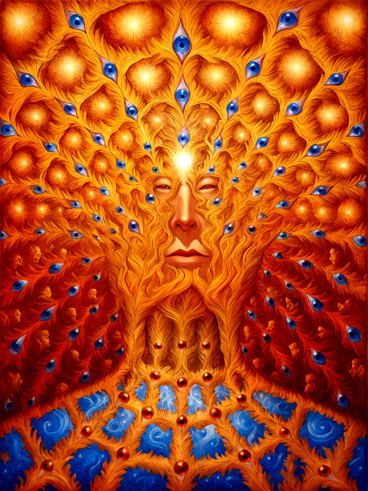 a painting of a man with many eyes and a face surrounded by flames, alex grey art, alex grey and beksinski, alex gray, style of alex grey, by Alex Grey, alex grey style, alex grey and tim hildebrandt, hyper detailed visionary art, hyper - detailed visionary art, inspired by Alex Grey, alex grey and gustave dore