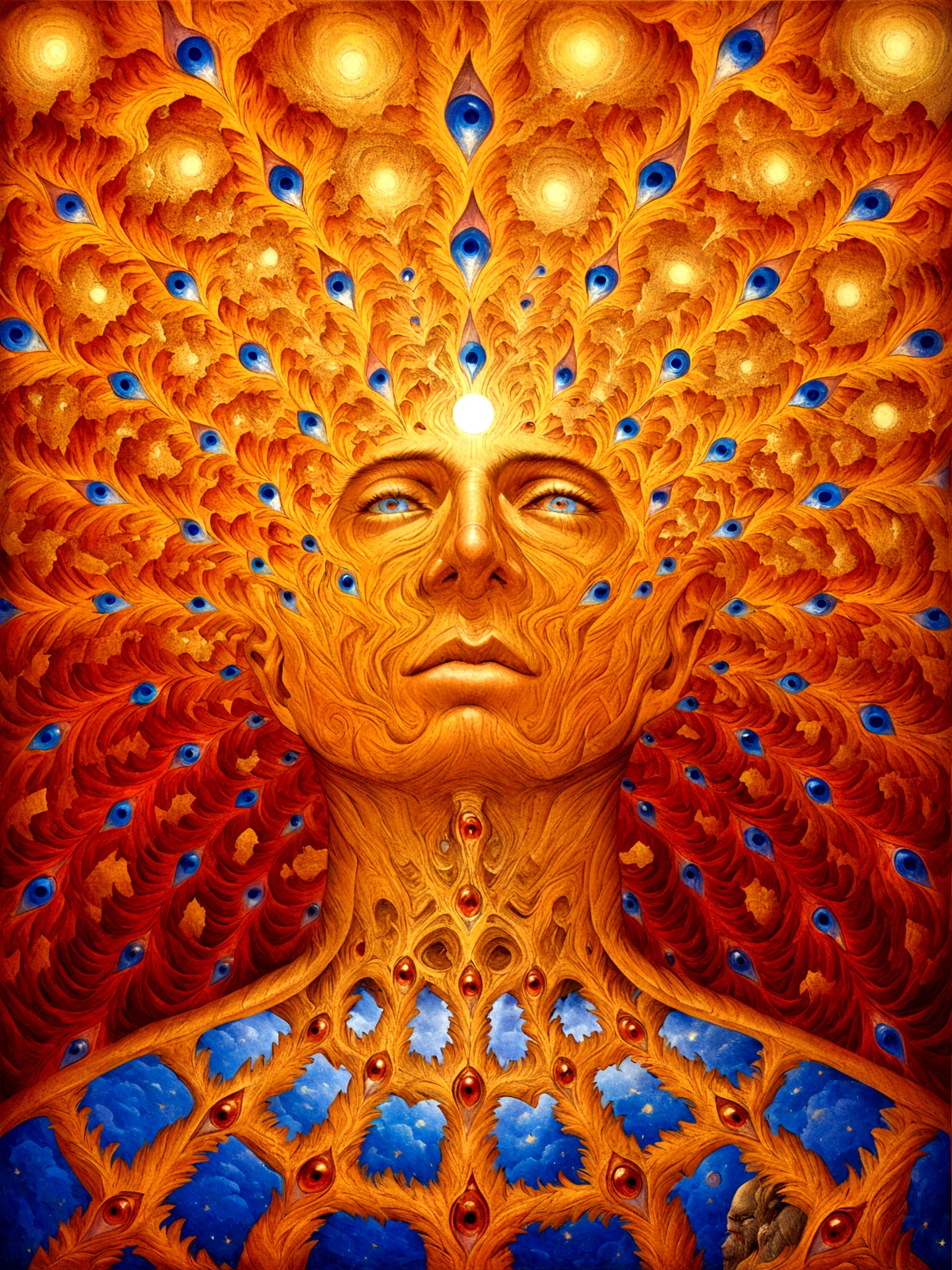 a painting of a man with many eyes and a face surrounded by flames, alex grey art, alex grey and beksinski, alex gray, style of alex grey, by Alex Grey, alex grey style, alex grey and tim hildebrandt, hyper detailed visionary art, hyper - detailed visionary art, inspired by Alex Grey, alex grey and gustave dore