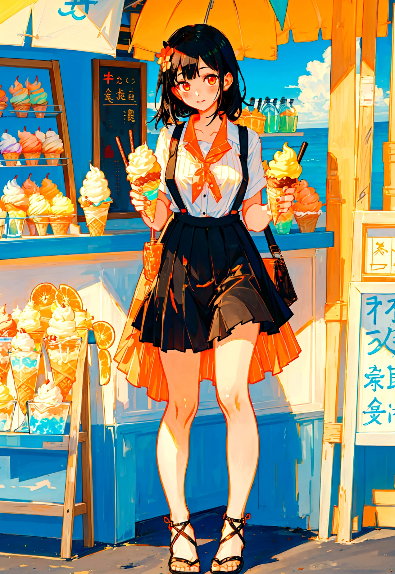 At the beachfront drink shop，Black hair girl，Wearing an orange striped suspender skirt，ice cream