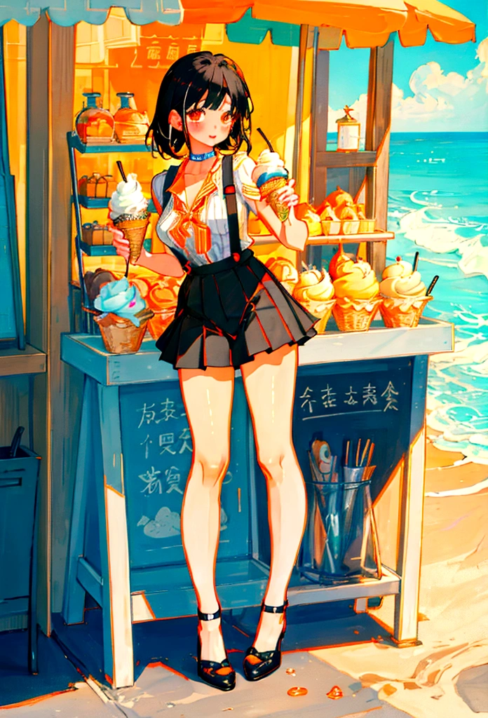 At the beachfront drink shop,Black hair girl,Wearing an orange striped suspender skirt,ice cream