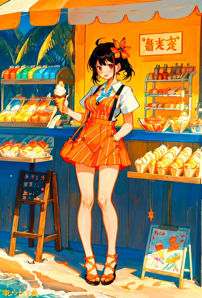 At the beachfront drink shop,Black hair girl,Wearing an orange striped suspender skirt,ice cream