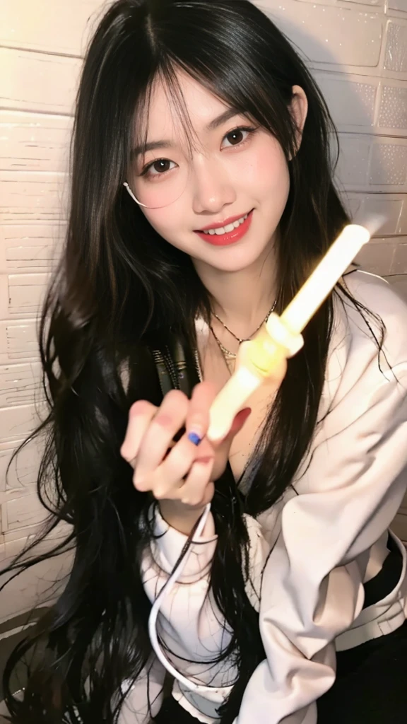 Mine makeup girl、Hotel、Black straight long hair、Glowing neon lights、Girls Bar clerk、Bar clerk、girl serving alcohol、Neon and uv black light store interior、cyber 、White T-shirt that glows under UV black light、numerous piercings in the ears、large full breasts、Large cleavage、Hot pants in satin fabric、A store that looks like a spaceship、Liquor bottle reflecting light、Western liquor bottles on a shelf with a faint reflection、drinking cocktail、female gaki smile、cyber vision monitor、Angle from above, (naked body)