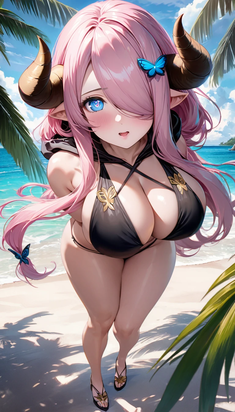 Vibrant, high-definition anime-style illustration set on a tropical beach. The layout features a central female character, Narmaya, with long pink hair, partially covered by a hooded cloak adorned with brown horns. She has fair skin, large expressive blue eyes and pink pupils, and a small blue butterfly hair clip. One eye is covered by her hair. The character is wearing a revealing black bikini with gold accents. The background showcases a pristine beach with white sand, lush green foliage, and tall palm trees. The clear blue sky and turquoise ocean complete the idyllic setting, with distant islands visible on the horizon. Narmaya and her attire are meticulously detailed. The intense effort put into shading brings this image to a semi-realistic style. (masterpiece), best quality, expressive eyes, perfect face, suggestive pose, purple and pink background, seductive, fantasy, 8k, absurdres, narmaya, pink hair, blue eye with pink pupil, hair over eye, draph, horns, butterfly hair clip, black bikini, hood, realistic shading, realistic lighting, modern anime, large breasts, large butt, short stack, mature female, full body,