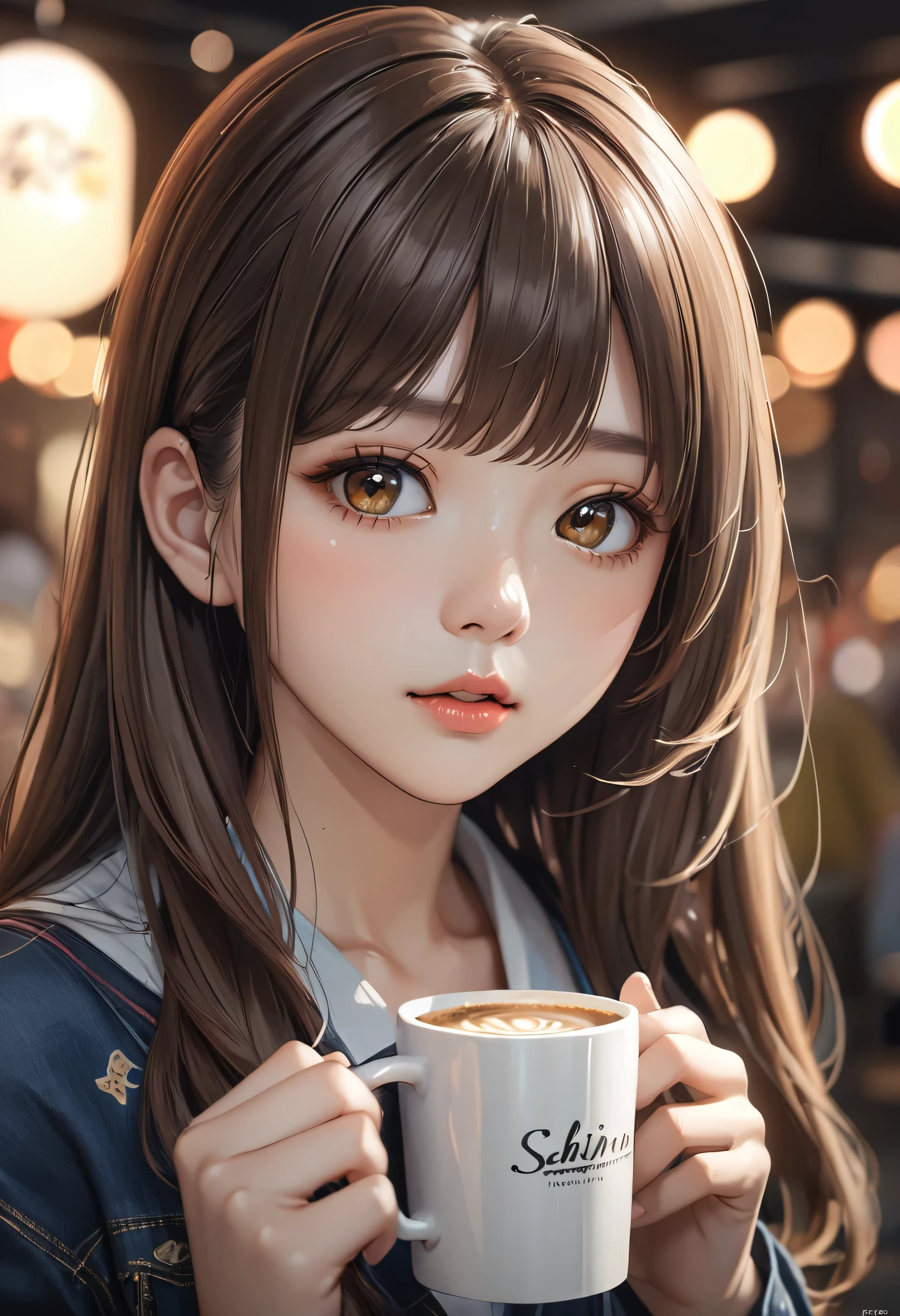 1girl,30 y/o japanese wife holding coffee cup, kawaii cute anime-style face, beautiful detailed eyes, beautiful detailed lips, extremely detailed face and portrait, natural soft lighting, sakimi chan art style, chiho art style, narahara tomomi art style, beautiful young japanese girl, long brown hair, large expressive eyes, best quality, 4k, 8k, highres, masterpiece, ultra-detailed, realistic, photorealistic, photo-realistic, HDR, UHD, studio lighting, ultra-fine painting, sharp focus, physically-based rendering, extreme detail description, professional, vivid colors, bokeh