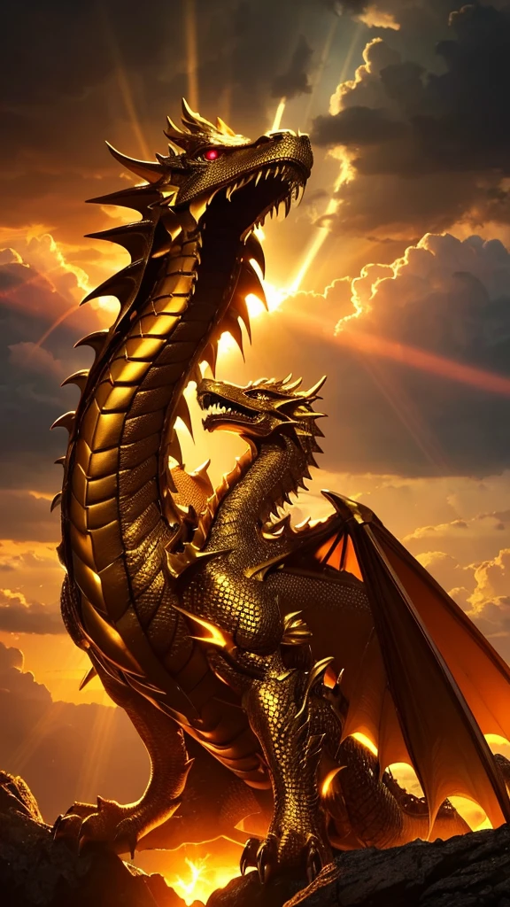 Realistic and magnificent golden dragon with glowing eyes、She strikes a powerful pose against the backdrop of a dramatic stormy sky illuminated by the golden rays of the set… Stretch Download