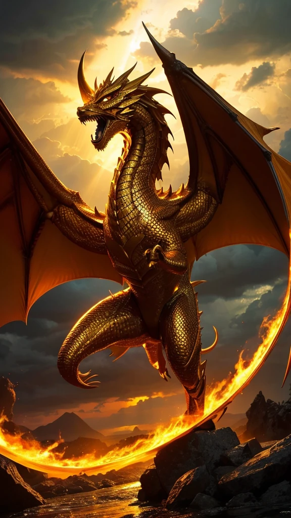 Realistic and magnificent golden dragon with glowing eyes、She strikes a powerful pose against the backdrop of a dramatic stormy sky illuminated by the golden rays of the set… Stretch Download