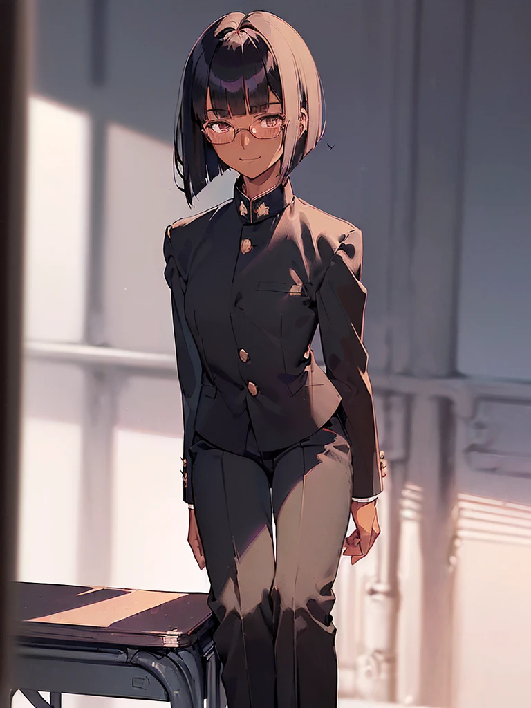(masterpiece), best quality, expressive eyes, perfect face,(1 girl solo:1.4),(dark skin:1.5) ,20 years old, (black hair:1.3), (glasses:1.4), , (straight hair:1.5), (evil smile:1.2) ,long sidelocks, (blush:1.3),(gakuran,long pants:1.5),(very short pixie cut:1.4),(blunt bangs:1.4), (greaming skin:1.3),(in class room:1.3),(sit on desk,bend knee:1.4)