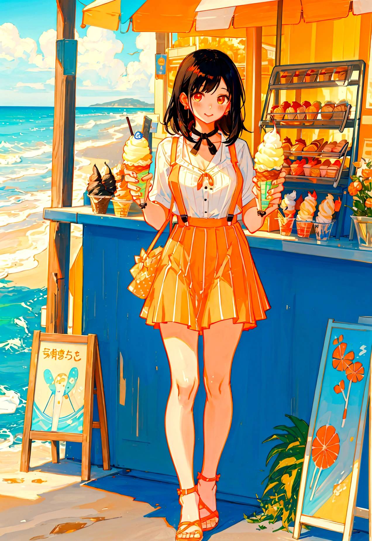 At the beachfront drink shop，Black hair girl，Wearing an orange striped suspender skirt，ice cream