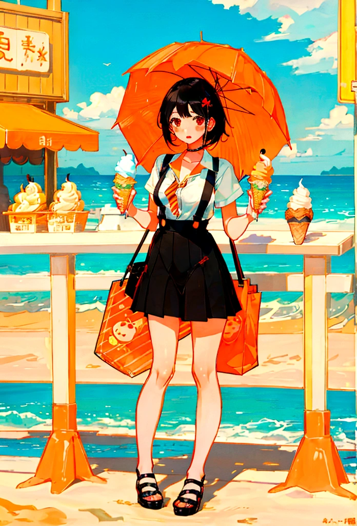At the beachfront drink shop,Black hair girl,Wearing an orange striped suspender skirt,ice cream
